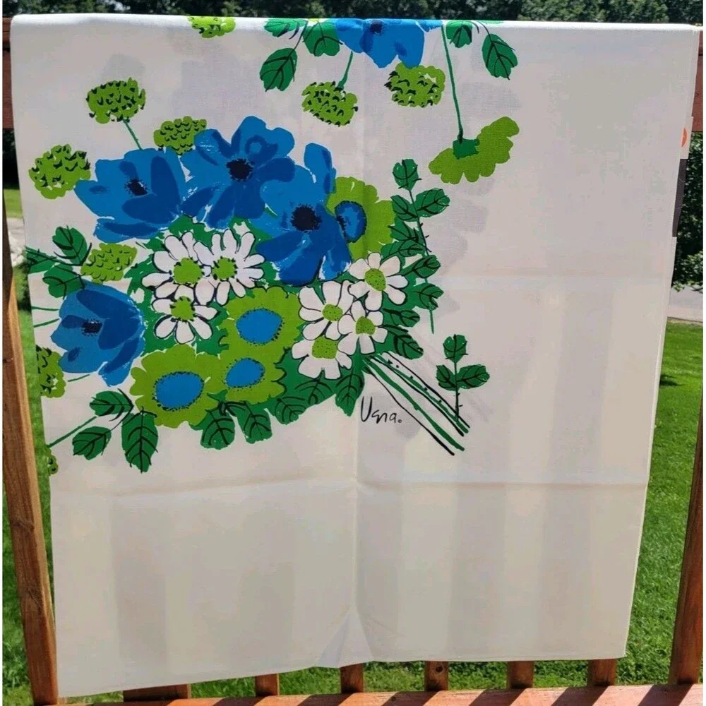 Vtg Vera Neumann Tablecloth MCM Blue Green Floral Daisies Flower Power 60x84